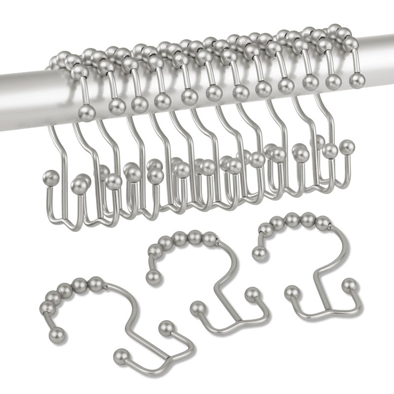 DAWNER Shower Curtain Hooks Rings  Rust Proof Hooks  Metal Easy Glide Double Shower Rings Hooks  Stainless Steel Shower Curtain Hangers for Bathroom Shower Curtains  Set of 12 Hooks  Brushed Nickel - Image 1